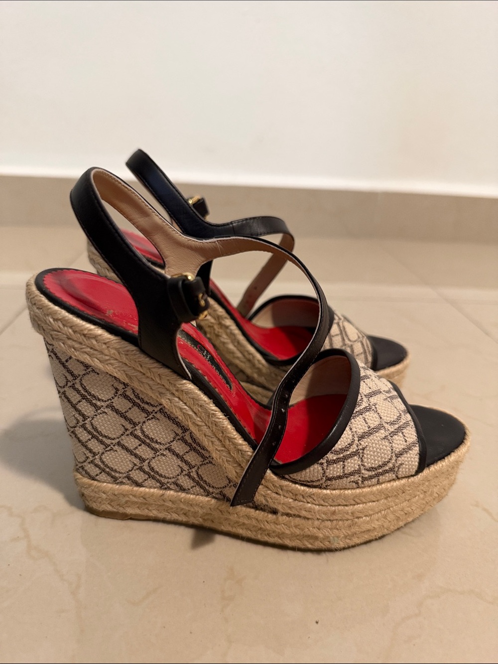 Carolina Herrera Black Leather and Beige Patterned Espadrille Wedges